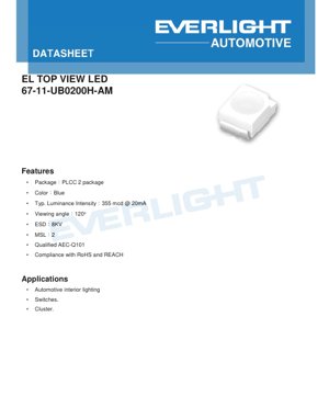 PDF Document Cover - PLCC-2 Blue LED 67-11-UB0200H-AM Datasheet - Automotive Grade - 120° Viewing Angle - 3.1V - 20mA - English Technical Document