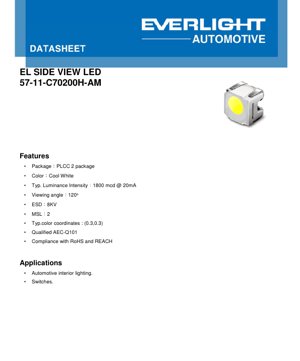 PDF Document Cover - PLCC-2 Cool White LED Datasheet - Package 3.2x2.8x1.9mm - Voltage 3.1V - Power 0.062W - English Technical Document