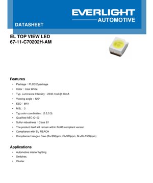 Capa do documento PDF - Ficha Técnica de LED Branco Frio PLCC-2 - Grau Automotivo - Intensidade Luminosa 2240mcd - Ângulo de Visão 120° - Documento Técnico em Português