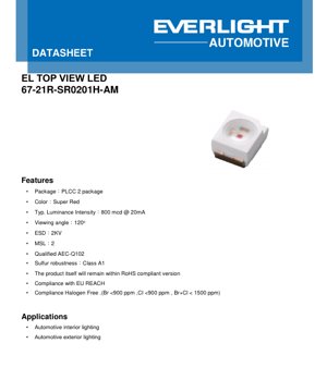 PDF Document Cover - PLCC-2 Super Red LED 0201H Datasheet - Package 3.2x2.8x1.9mm - Voltage 2.0V - Power 40mW - English Technical Document