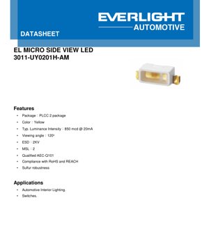 Capa do documento PDF - Ficha Técnica do LED Amarelo PLCC-2 3011-UY0201H-AM - 3.0x3.0x1.1mm - 1.9V Típico - 20mA - 850mcd - Documento Técnico em Português