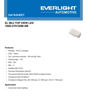 Couverture du document PDF - Fiche technique LED Jaune PLCC-2 1608-UY0100M-AM - 1,6x0,8mm - 2,1V Typ - 10mA - Éclairage intérieur automobile