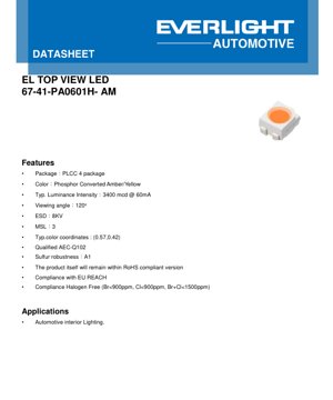Portada del documento PDF - Hoja de Datos de LED Ámbar PLCC-4 - Paquete 3.2x2.8x1.9mm - Voltaje 3.1V - Intensidad Luminosa 3400mcd - Documento Técnico en Español