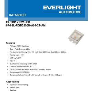 PDF Document Cover - PLCC-6 RGB LED Datasheet - 120° Viewing Angle - Red 1.95V/900mcd, Green 2.75V/2200mcd, Blue 3.0V/320mcd @20mA - English Technical Document