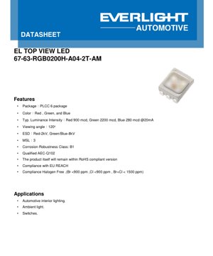 PDF 문서 표지 - PLCC-6 RGB LED 데이터시트 - 120° 시야각 - 적색 1.95V, 녹색 2.75V, 청색 3.00V @20mA - 자동차 등급