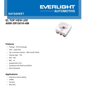 PDF Document Cover - PLCC-6 Super Red LED A09K-SR1501H-AM Datasheet - Package 3.2x2.8x1.9mm - Voltage 2.15V - Power 0.32W - English Technical Document