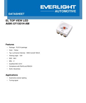 PDF Document Cover - PLCC-6 Yellow LED Datasheet - Package 3.2x2.8x1.9mm - Voltage 2.15V - Power 0.32W - English Technical Document