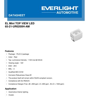 PDF Document Cover - PLCC-2 Red LED Datasheet - 65-21-UR0200H-AM - Automotive Grade - 1120mcd @ 20mA - English Technical Document