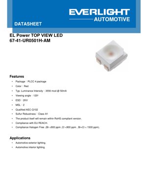 PDF Document Cover - PLCC-4 Red LED Datasheet - Package 3.5x2.8x1.9mm - Voltage 2.25V - Power 112.5mW - English Technical Document
