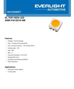 PDF Document Cover - PLCC-6 Amber LED A09K-PA1501H-AM Datasheet - Phosphor Converted Amber - 3.15V Typ. - 150mA - 7100mcd - English Technical Document