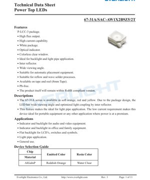 PDF Document Cover - Power Top LED 67-31A Series Datasheet - P-LCC-3 Package - 2.0x1.25x1.1mm - 2.35V Typ - 50mA - Soft Orange/Red/Yellow - English Technical Document