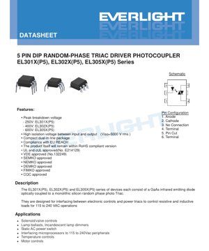 PDF Document Cover - 5-Pin DIP Random-Phase Triac Driver Photocoupler EL301X/EL302X/EL305X Series Datasheet - Voltage 250V/400V/600V - Isolation 5000Vrms - English Technical Document
