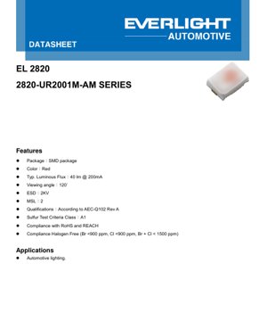 PDF Document Cover - LED Datasheet 2820 Red SMD - Package 2.8x2.0mm - Voltage 2.3V - Power 0.46W - Automotive Grade