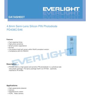 PDF Document Cover - 4.8mm Semi-Lens Silicon PIN Photodiode PD438C/S46 Datasheet - 4.8mm Diameter - 32V Reverse Voltage - 940nm Peak Sensitivity - English Technical Document