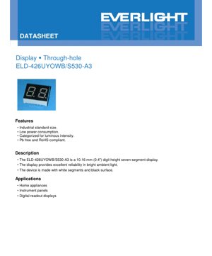 PDF Document Cover - ELD-426UYOWB/S530-A3 7-Segment Display Datasheet - 10.16mm Digit Height - Orange 605nm - 2.4V Max - English Technical Document