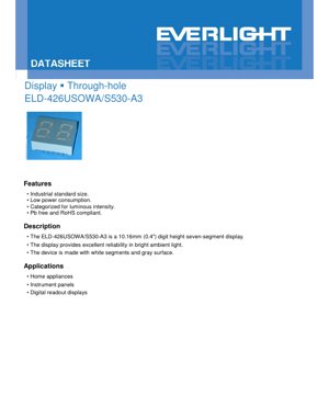 Portada del documento PDF - Hoja de Datos del Display de Siete Segmentos ELD-426USOWA/S530-A3 - Altura de Dígito 10.16mm - Voltaje Directo 2.0V - Color Naranja Rojizo - Documento Técnico en Español