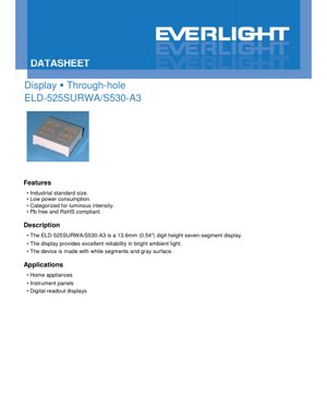 PDF Document Cover - ELD-525SURWA/S530-A3 Seven Segment Display Datasheet - 13.6mm Digit Height - 2.4V Forward Voltage - Brilliant Red - English Technical Document