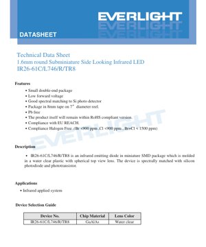 PDF Document Cover - IR26-61C/L746/R/TR8 Side Looking IR LED Datasheet - 1.6mm Round - 1.25V - 940nm - 100mW - English Technical Document