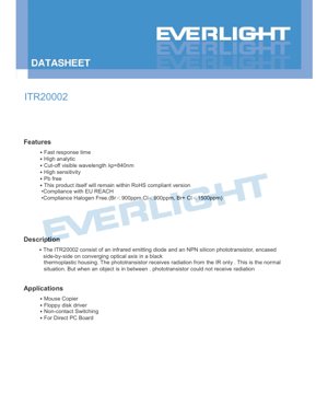 PDF文書カバー - ITR20002 フォトインタラプタ データシート - サイドルッキングパッケージ - 940nm波長 - 日本語技術文書