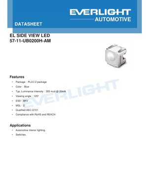 PDF Document Cover - Side View Blue LED 57-11-UB0200H-AM Datasheet - PLCC-2 Package - 3.1V - 20mA - 355mcd - English Technical Document