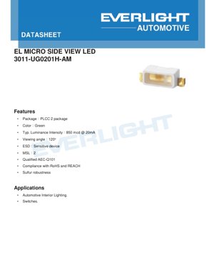 PDF文件封面 - 3011-UG0201H-AM 側視LED規格書 - PLCC-2封裝 - 3.0V - 20mA - 綠色 - 繁體中文技術文件