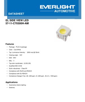 PDF Document Cover - Side View LED PLCC-2 Cool White Datasheet - Automotive Grade - 3200mcd @ 30mA - 2.9V - 120° Viewing Angle - English Technical Document