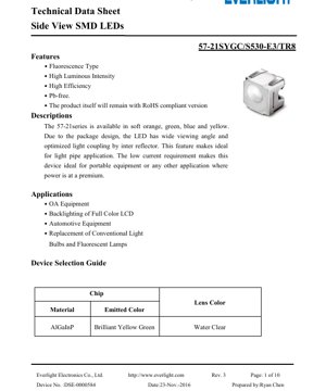 Copertina documento PDF - Scheda Tecnica LED SMD Visione Laterale Serie 57-21 - Dimensioni Package 2.0x1.25x0.7mm - Tensione Diretta 2.0V - Intensità Luminosa 51mcd - Colore Giallo Verde - Documento Tecnico in Italiano