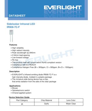PDF Belge Kapağı - IR908-7C-F Yan Bakışlı Kızılötesi LED Veri Sayfası - Yan Yayıcı Paket - Tepe Dalga Boyu 940nm - İleri Gerilim 1.25V - Görüş Açısı 40 Derece - Türkçe Teknik Doküman