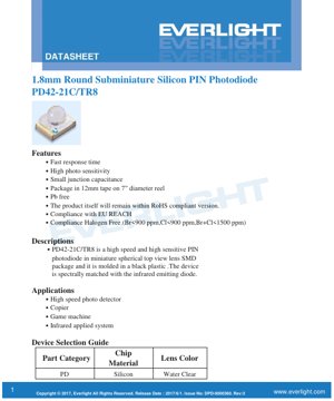 PDF Document Cover - 1.8mm Round Subminiature Silicon PIN Photodiode PD42-21C/TR8 Datasheet - Dimensions 1.8mm Round - Peak Sensitivity 940nm - English Technical Document