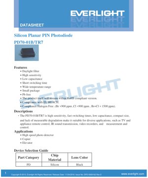 Portada del documento PDF - Hoja de Datos del Fotodiodo PIN Planar de Silicio PD70-01B/TR7 - 2.0x1.25x0.9mm - Voltaje Inverso 32V - Longitud de Onda Pico 940nm - Documento Técnico en Español