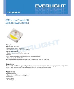 PDF Document Cover - SMD 5050 RGBW LED Datasheet - 5.0x5.0x1.6mm - Red 2.6V/Green 3.8V/Blue 3.8V/White 3.6V - 0.2W per Chip - English Technical Document