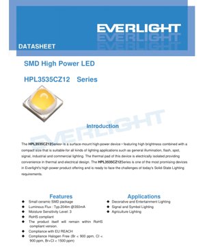Kulit Dokumen PDF - Spesifikasi Teknikal Siri HPL3535CZ12 - LED Kuasa Tinggi SMD Pakej Seramik 3.5x3.5mm - Voltan Hadapan 2.5-3.3V - Arus Pendorong 350mA-1200mA - LED Putih