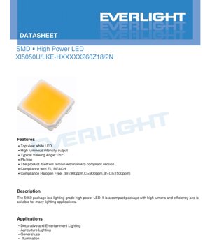 Kulit Dokumen PDF - Spesifikasi Teknikal LED Kuasa Tinggi SMD XI5050U/LKE-HXXXXX260Z18/2N - Pakej 5.0x5.0mm - Voltan Maksimum 26V - 180mA - Cahaya Putih