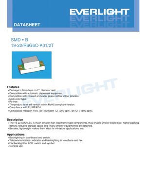 PDF Document Cover - SMD LED 19-22/R6G6C-A01/2T Datasheet - Multi-Color (Red/Yellow-Green) - Package 2.0x1.25x0.8mm - Voltage 2.0V - Power 60mW - English Technical Document