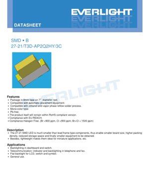 PDF Document Cover - SMD LED 27-21 Pure White Datasheet - Package 2.7x2.1mm - Voltage 2.7-3.15V - Power 40mW - English Technical Documentation