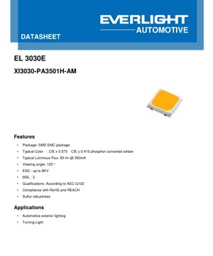 جلد سند PDF - مشخصات فنی LED مدل XI3030-PA3501H-AM - ابعاد 3.0x3.0x?mm - ولتاژ 3.1V - توان 1.085W - رنگ کهربایی - مستندات فنی فارسی