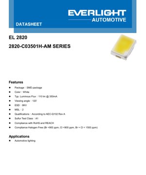 PDF Document Cover - LED Datasheet 2820-C03501H-AM Series - Dimensions 2.8x2.0mm - Voltage 3.25V - Power 1.14W - White - English Technical Document