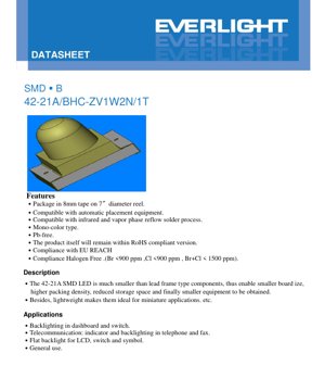 PDF Document Cover - SMD LED 42-21A Blue Datasheet - Package 2.0x1.25x1.1mm - Voltage 2.7-3.7V - Power 95mW - English Technical Document