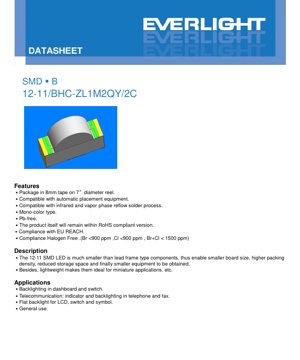 PDF Document Cover - SMD LED 12-11 Blue Datasheet - Size 1.2x1.0x0.6mm - Voltage 2.7-3.2V - Power 40mW - English Technical Document