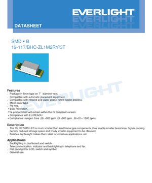 PDF Document Cover - SMD LED 19-117/BHC-ZL1M2RY/3T Specification - Blue 468nm - 2.8x3.5x0.8mm - 3.1V - 40mW - English Technical Document