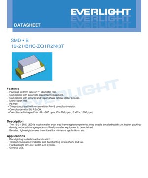 PDF Document Cover - SMD LED 19-21 Blue Datasheet - Dimensions 2.0x1.25x0.8mm - Voltage 2.7-3.7V - Power 75mW - English Technical Document