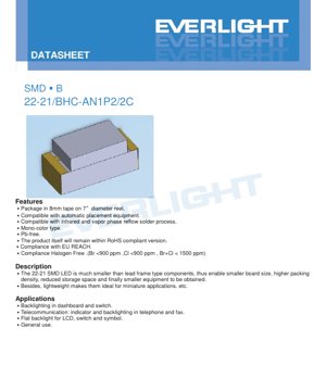 PDF Document Cover - SMD LED 22-21/BHC-AN1P2/2C Blue Datasheet - 2.2x2.1x1.1mm - 3.8V - 20mA - 40mW - English Technical Document