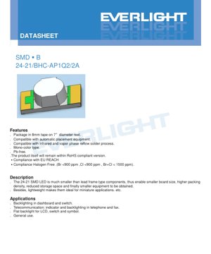 PDF Document Cover - SMD LED 24-21/BHC-AP1Q2/2A Datasheet - Blue - 2.0x1.25x0.8mm - 3.3V - 20mA - English Technical Document