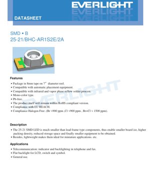 PDF Document Cover - SMD LED 25-21/BHC-AR1S2E/2A Blue Datasheet - Package 2.5x2.1mm - Voltage 2.75-3.65V - Power 75mW - English Technical Document