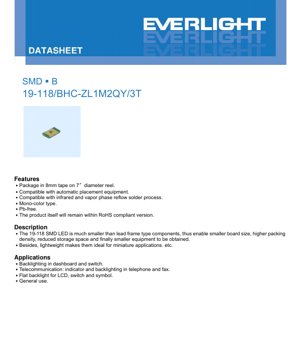 PDF Document Cover - SMD LED 19-118/BHC-ZL1M2QY/3T Datasheet - Blue 468nm - 2.7-3.2V - 25mA - 95mW - English Technical Document