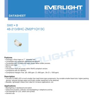 PDF Document Cover - SMD LED 48-213 Blue Datasheet - Size 2.25x1.45x0.72mm - Voltage 2.7-3.2V - Power 95mW - English Technical Document