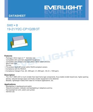 PDF Document Cover - SMD LED 19-21/Y2C-CP1Q2B/3T Datasheet - Size 2.0x1.25x0.8mm - Voltage 1.75-2.35V - Color Brilliant Yellow - English Technical Document