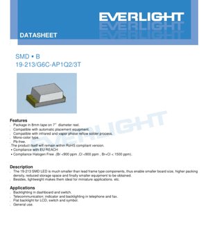 PDF Document Cover - SMD LED 19-213 Brilliant Yellow Green Datasheet - Package 2.0x1.25x0.8mm - Voltage 2.0V - Power 60mW - English Technical Document