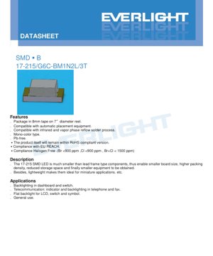 PDF文档封面 - SMD LED 17-215/G6C-BM1N2L/3T 规格书 - 亮黄绿色 - 封装 2.0x1.25x0.8mm - 电压 1.7-2.3V - 功率 60mW - 中文技术文档