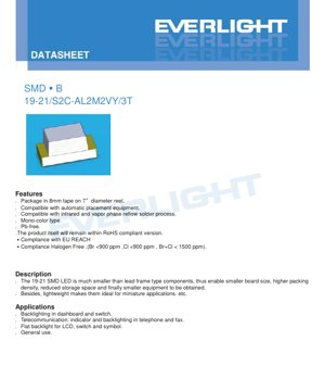 PDF Document Cover - SMD LED 19-21/S2C-AL2M2VY/3T Datasheet - Size 2.0x1.25x0.8mm - Voltage 1.7-2.2V - Color Brilliant Orange - English Technical Document